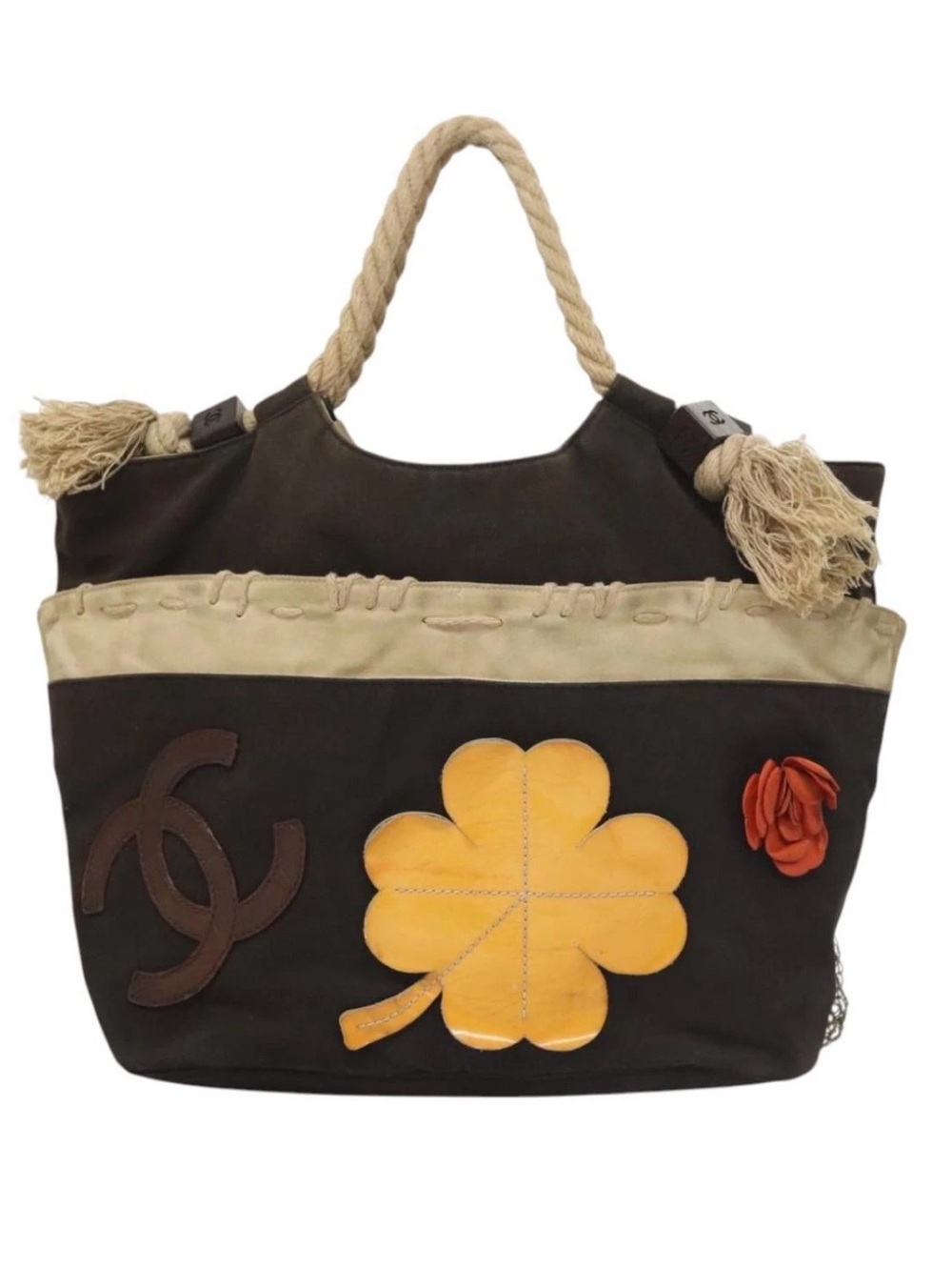 CHANEL Rare Lucky Symbols Rope Tote Canvas Clover Camellia Cruise Bag